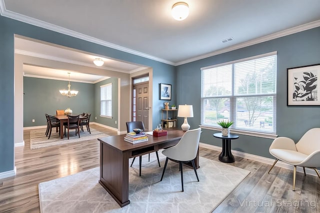 21 Cypress Hill Dr, Lebanon, TN 37087 - office area with a chandelier, wood finished floors, baseboards, and crown molding