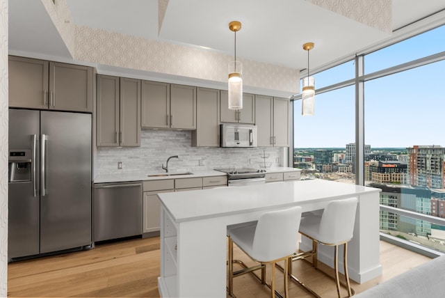 1212 Laurel St Unit 2005, Nashville, TN 37203 - kitchen with stainless steel appliances, a sink, light wood finished floors, gray cabinets, and a wall of windows