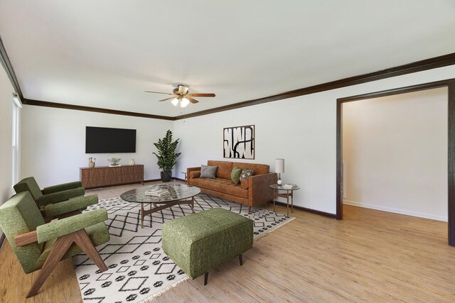 445 Belinda Pkwy, Mount Juliet, TN 37122 - living area featuring a ceiling fan, crown molding, baseboards, and light wood-type flooring