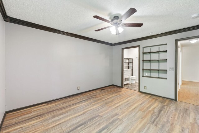 445 Belinda Pkwy, Mount Juliet, TN 37122 - unfurnished bedroom featuring crown molding, a textured ceiling, light wood-style floors, connected bathroom, and ceiling fan