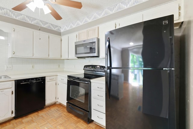 445 Belinda Pkwy, Mount Juliet, TN 37122 - kitchen with black appliances, a ceiling fan, tasteful backsplash, light countertops, and a textured ceiling