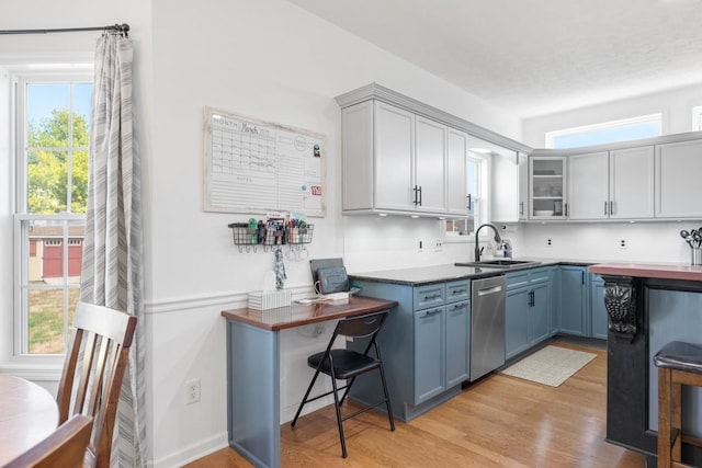 1300 Wentworth Dr, Gallatin, TN 37066 - kitchen featuring stainless steel dishwasher, a sink, light wood-type flooring, and blue cabinets
