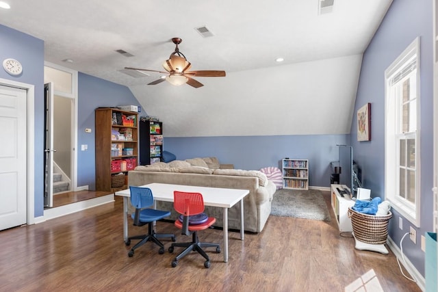 1300 Wentworth Dr, Gallatin, TN 37066 - bedroom featuring lofted ceiling, wood finished floors, baseboards, multiple windows, and ceiling fan