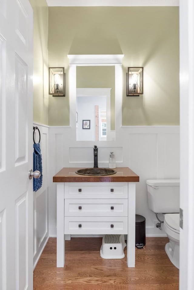 1300 Wentworth Dr, Gallatin, TN 37066 - bathroom with wainscoting, a decorative wall, toilet, vanity, and wood finished floors