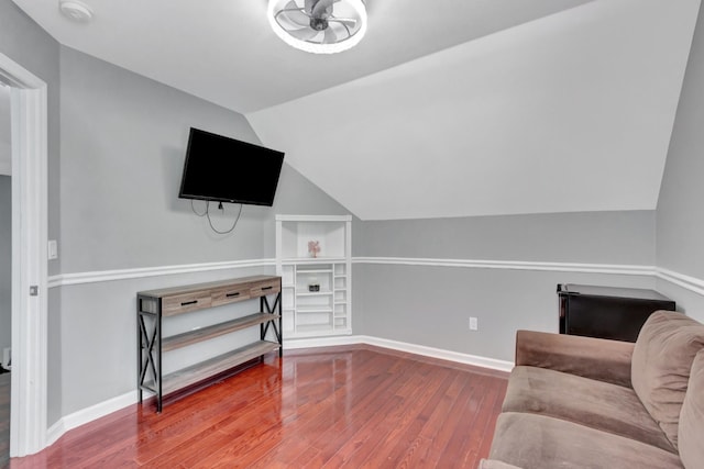 1838 Oreilly Cir, Spring Hill, TN 37174 - living area featuring hardwood / wood-style floors, vaulted ceiling, ceiling fan, and baseboards