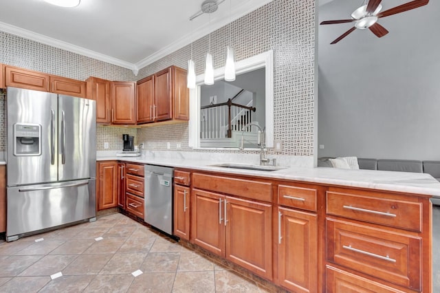 1838 Oreilly Cir, Spring Hill, TN 37174 - kitchen with stainless steel appliances, a sink, ceiling fan, ornamental molding, and light countertops