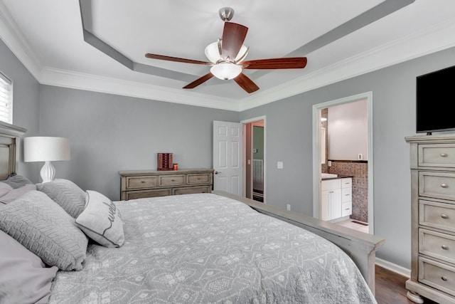 1838 Oreilly Cir, Spring Hill, TN 37174 - bedroom with dark wood-style flooring, crown molding, ensuite bathroom, a ceiling fan, and baseboards