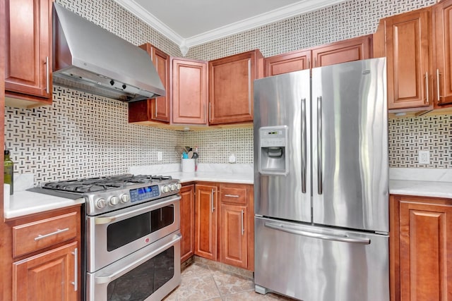 1838 Oreilly Cir, Spring Hill, TN 37174 - kitchen featuring appliances with stainless steel finishes, wall chimney exhaust hood, ornamental molding, light countertops, and tasteful backsplash