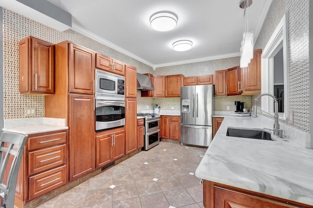 1838 Oreilly Cir, Spring Hill, TN 37174 - kitchen featuring appliances with stainless steel finishes, a sink, ornamental molding, wall chimney range hood, and light tile patterned floors