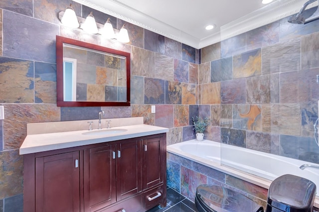1838 Oreilly Cir, Spring Hill, TN 37174 - full bathroom with tile walls, a bath, vanity, ornamental molding, and tile patterned flooring