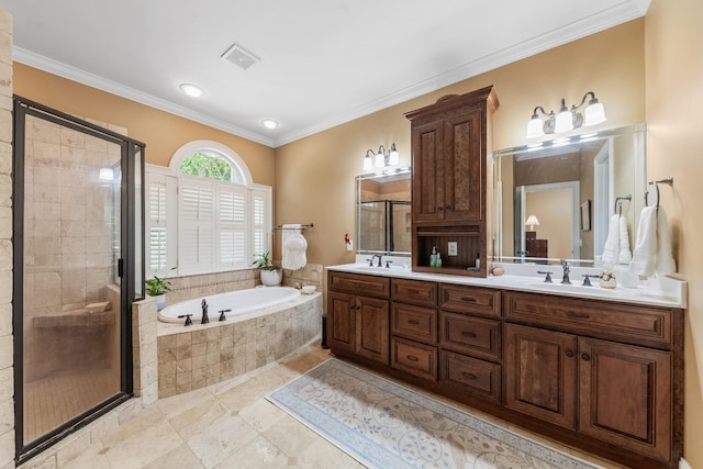 15687 Columbia Hwy, Lynnville, TN 38472 - bathroom with a garden tub, double vanity, a shower stall, ornamental molding, and tile patterned flooring