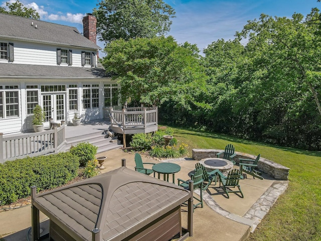 15687 Columbia Hwy, Lynnville, TN 38472 - view of patio / terrace with an outdoor fire pit, a wooden deck, and french doors