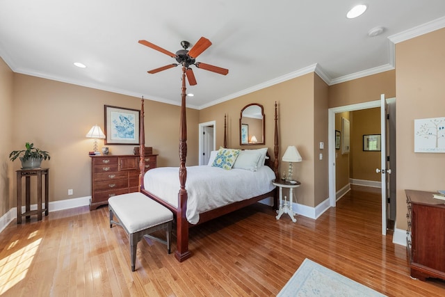 15687 Columbia Hwy, Lynnville, TN 38472 - bedroom featuring baseboards, light wood-style floors, crown molding, recessed lighting, and ceiling fan