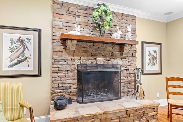 15687 Columbia Hwy, Lynnville, TN 38472 - detailed view of wood finished floors, ornamental molding, baseboards, and a stone fireplace