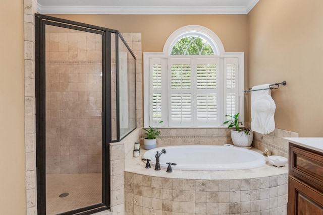 15687 Columbia Hwy, Lynnville, TN 38472 - bathroom featuring a garden tub, vanity, a shower stall, and crown molding