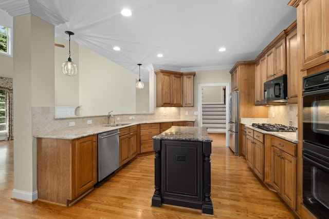 3037 Flagstone Dr, Franklin, TN 37069 - kitchen featuring black appliances, a sink, healthy amount of natural light, decorative backsplash, and recessed lighting