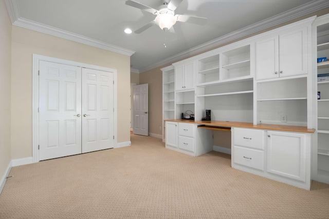 3037 Flagstone Dr, Franklin, TN 37069 - unfurnished office with baseboards, ornamental molding, light carpet, a ceiling fan, and built in study area