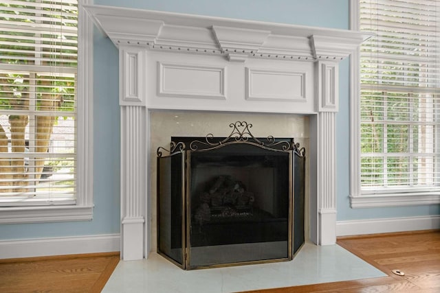 3037 Flagstone Dr, Franklin, TN 37069 - detailed view of baseboards, a fireplace with flush hearth, and wood finished floors