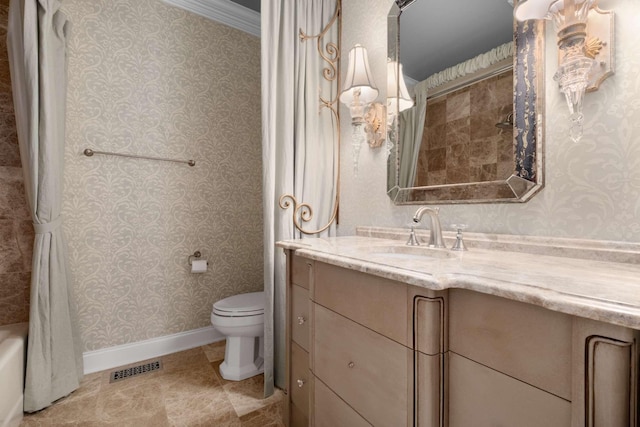 3037 Flagstone Dr, Franklin, TN 37069 - full bathroom with vanity, toilet, shower / bath combination with curtain, baseboards, and tile patterned floors