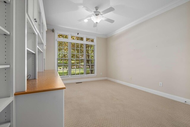 3037 Flagstone Dr, Franklin, TN 37069 - unfurnished office with a ceiling fan, carpet flooring, ornamental molding, and baseboards