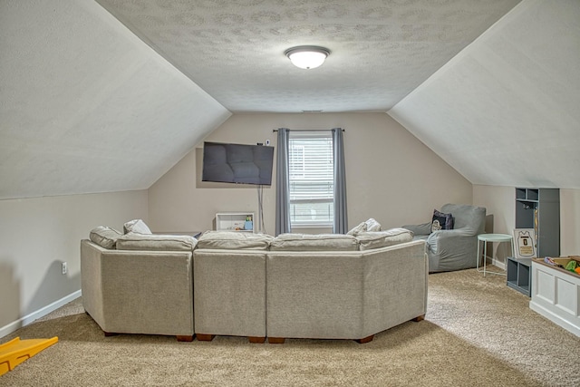 143 Rachelle Pl, Baxter, TN 38544 - living area featuring light colored carpet, lofted ceiling, baseboards, and a textured ceiling
