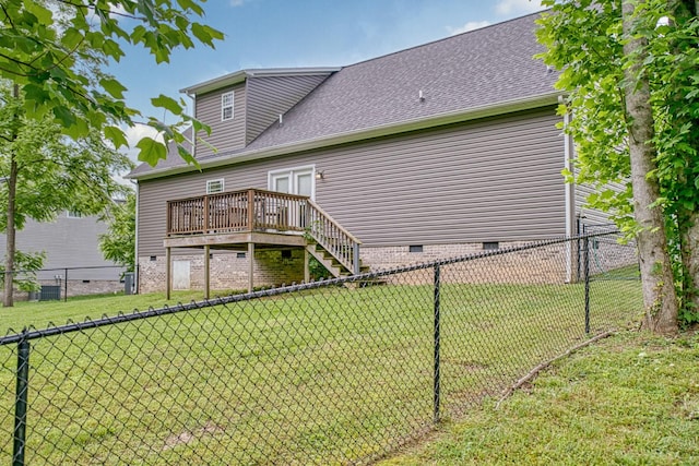 143 Rachelle Pl, Baxter, TN 38544 - rear view of property with crawl space, a wooden deck, stairs, roof with shingles, and cooling unit