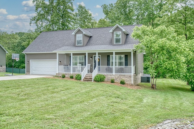 143 Rachelle Pl, Baxter, TN 38544 - cape cod-style house with a porch, concrete driveway, a garage, a front lawn, and a shingled roof