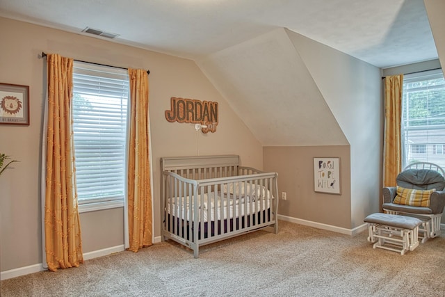 143 Rachelle Pl, Baxter, TN 38544 - bedroom featuring carpet floors, a nursery area, baseboards, and lofted ceiling