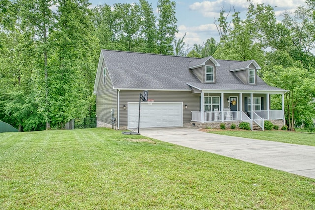 143 Rachelle Pl, Baxter, TN 38544 - new england style home featuring a porch, driveway, a front lawn, roof with shingles, and a garage