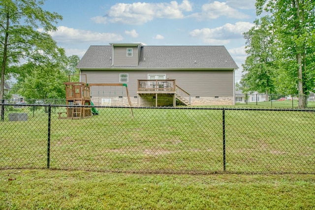 143 Rachelle Pl, Baxter, TN 38544 - rear view of house featuring crawl space, a playground, roof with shingles, and a deck