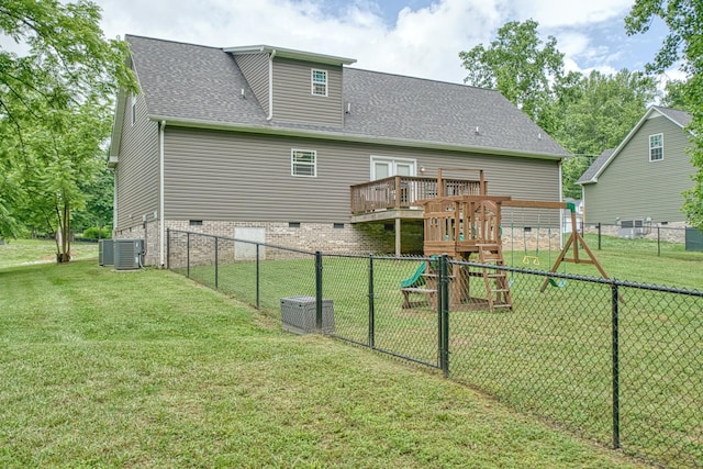 143 Rachelle Pl, Baxter, TN 38544 - rear view of property with crawl space, a shingled roof, a playground, and central AC
