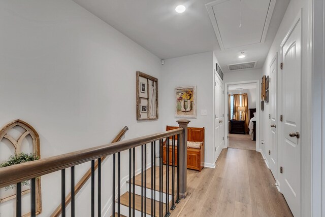 803 Dallas Dr, Columbia, TN 38401 - corridor featuring attic access, an upstairs landing, light wood-type flooring, recessed lighting, and baseboards