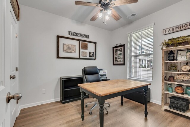 803 Dallas Dr, Columbia, TN 38401 - office featuring a ceiling fan, light wood-type flooring, and baseboards