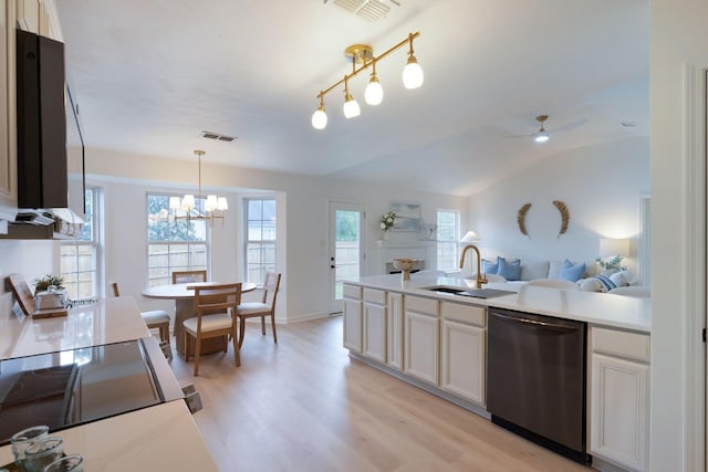 3755 Indian Creek Blvd, Murfreesboro, TN 37128 - kitchen with stainless steel dishwasher, a sink, light wood finished floors, a chandelier, and light countertops