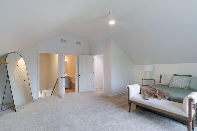 3755 Indian Creek Blvd, Murfreesboro, TN 37128 - bedroom with light colored carpet, vaulted ceiling, ceiling fan, ensuite bathroom, and baseboards