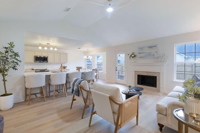 3755 Indian Creek Blvd, Murfreesboro, TN 37128 - living area with healthy amount of natural light, light wood-style floors, vaulted ceiling, a high end fireplace, and baseboards