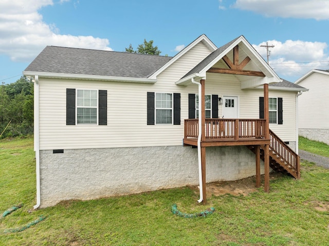 125 Vivian Ln, Carthage, TN 37030 - view of front facade featuring a wooden deck, a front lawn, crawl space, a shingled roof, and stairs