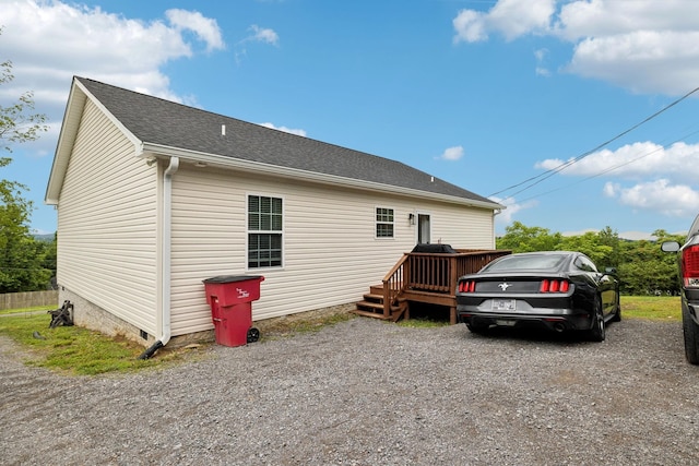 125 Vivian Ln, Carthage, TN 37030 - view of property exterior with a wooden deck, a shingled roof, and crawl space