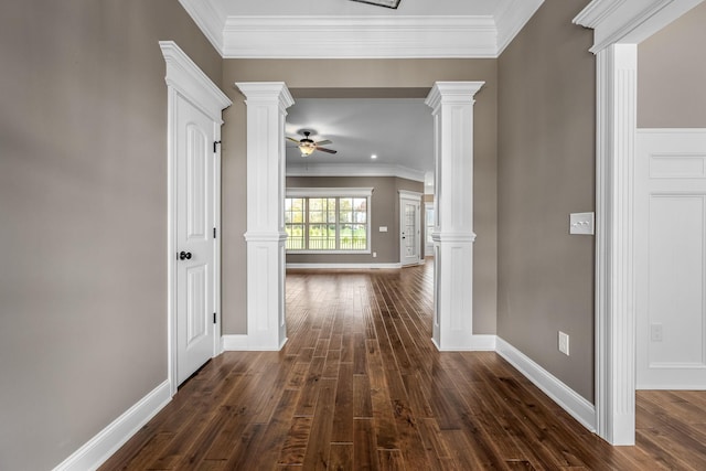 103 Rosehaven Ct, Tullahoma, TN 37388 - hall with decorative columns, crown molding, dark wood-style flooring, and baseboards