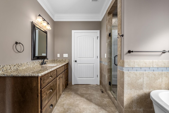 103 Rosehaven Ct, Tullahoma, TN 37388 - bathroom featuring vanity, a stall shower, ornamental molding, a soaking tub, and tile walls