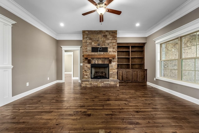 103 Rosehaven Ct, Tullahoma, TN 37388 - unfurnished living room with a ceiling fan, ornamental molding, a fireplace, dark wood-style flooring, and recessed lighting