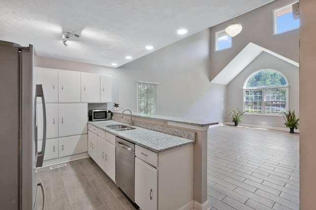 4905 Algonquin Trl, Antioch, TN 37013 - kitchen featuring appliances with stainless steel finishes, a sink, a peninsula, plenty of natural light, and recessed lighting