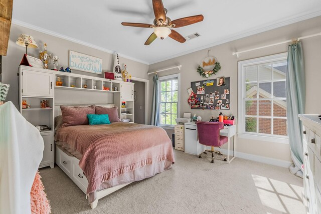 1422 Primrose Ln, Franklin, TN 37064 - bedroom featuring light carpet, ornamental molding, baseboards, and a ceiling fan