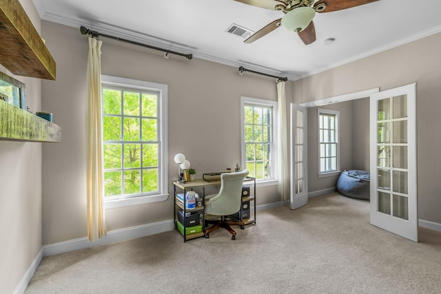 1422 Primrose Ln, Franklin, TN 37064 - carpeted home office featuring french doors, healthy amount of natural light, ceiling fan, and ornamental molding
