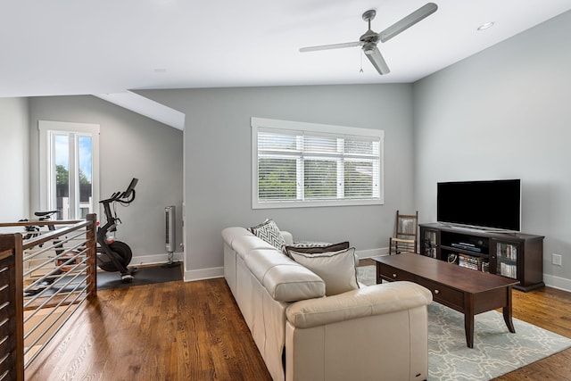 835B Dewees Ave, Nashville, TN 37204 - living area with wood finished floors, ceiling fan, vaulted ceiling, and baseboards