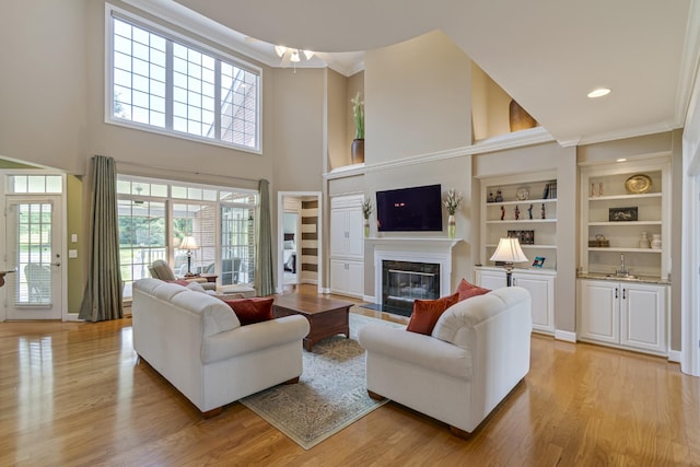 9166 Sydney Ln, Brentwood, TN 37027 - living room featuring a fireplace, light wood-style flooring, ornamental molding, a towering ceiling, and baseboards