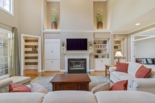 9166 Sydney Ln, Brentwood, TN 37027 - living area featuring light wood finished floors, a premium fireplace, built in features, a high ceiling, and baseboards
