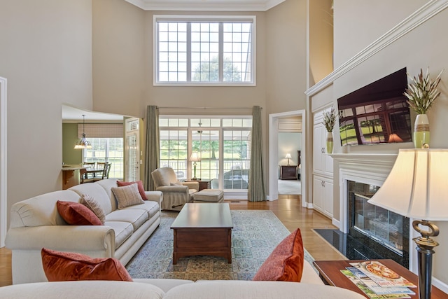 9166 Sydney Ln, Brentwood, TN 37027 - living room with a high ceiling, wood finished floors, a high end fireplace, and crown molding