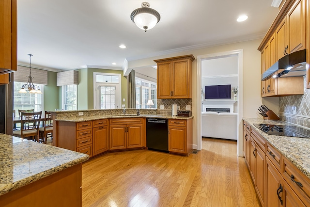 9166 Sydney Ln, Brentwood, TN 37027 - kitchen featuring black appliances, a sink, brown cabinets, under cabinet range hood, and tasteful backsplash