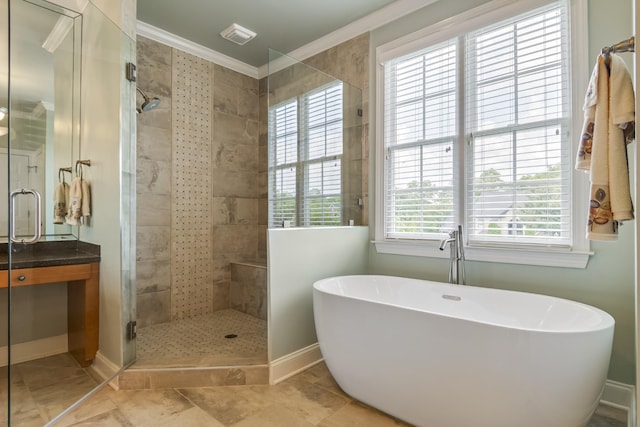 9166 Sydney Ln, Brentwood, TN 37027 - full bathroom featuring a shower stall, crown molding, a freestanding bath, baseboards, and vanity